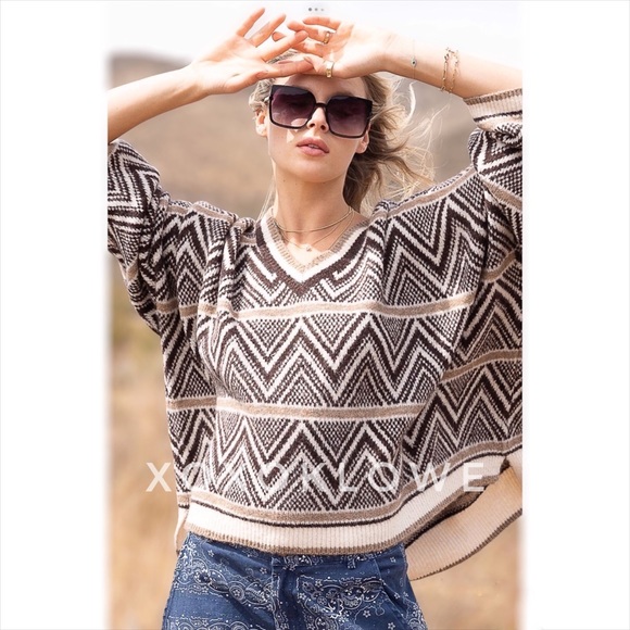 POL Brown Multi Aztec Pattern V Neck Sweater Oversized Slouchy Fit - Picture 10 of 11